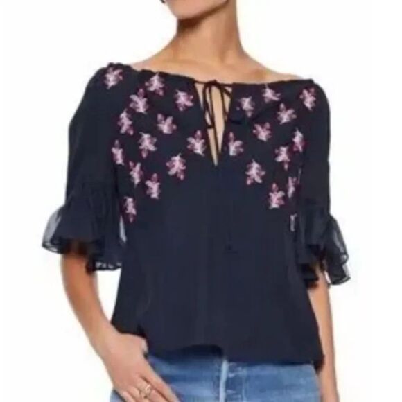 cinq a sept Tops - Cinq à Sept silk Daria Split Neck Blue Blouse with Pink Embroidery extra small